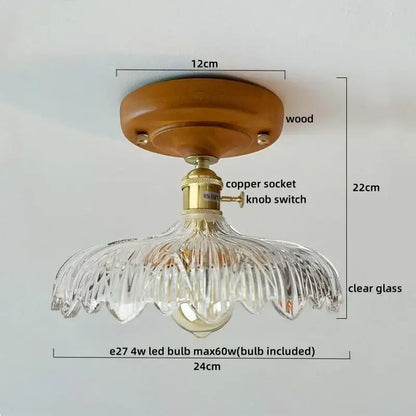DecorBites™ LED modern ceiling light with clear glass pendant, wooden base, and brass socket for living room balcony lighting