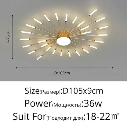 Gold-toned decorbites™ modern ceiling light with slender rods and white led bulbs for bedroom and living room use