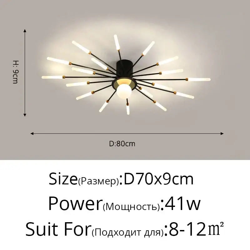 DecorBites™ modern ceiling lights black and brass starburst design with frosted glass rods for bedroom and living room