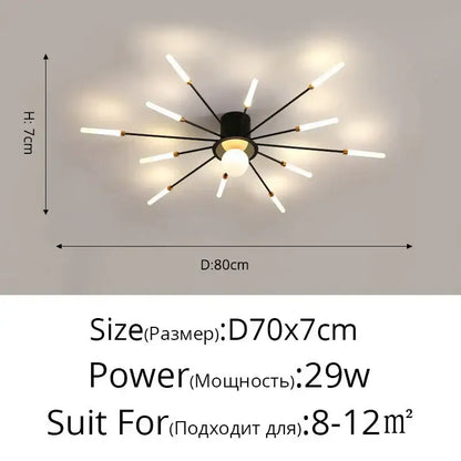 DecorBites™ LED modern ceiling light with black and gold hub and white cylindrical arms for bedroom and living room