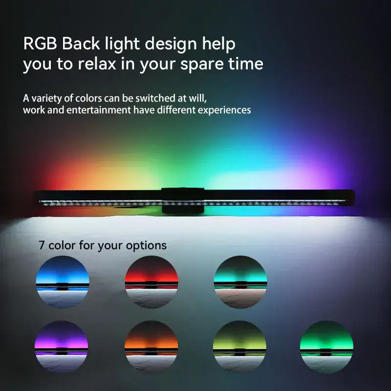 A sleek black decorbites led monitor bar desk lamp with rgb rgb strip light and seven customizable color options