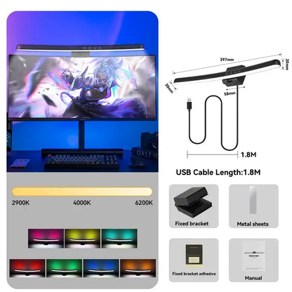 Black decorbites led monitor bar light with adjustable color temperature and stepless rgb dimming desk lamp features