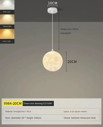 Decorbites led moon spherical pendant light with warm textured surface and adjustable white hanging wire for home decor