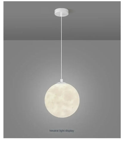 Decorbites led moon softly glowing spherical pendant light with matte white finish and detailed moon planet ceiling design