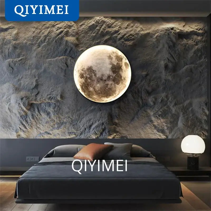 DecorBites led moon wall lamp glowing circular light mounted on textured gray rock wall for indoor decor