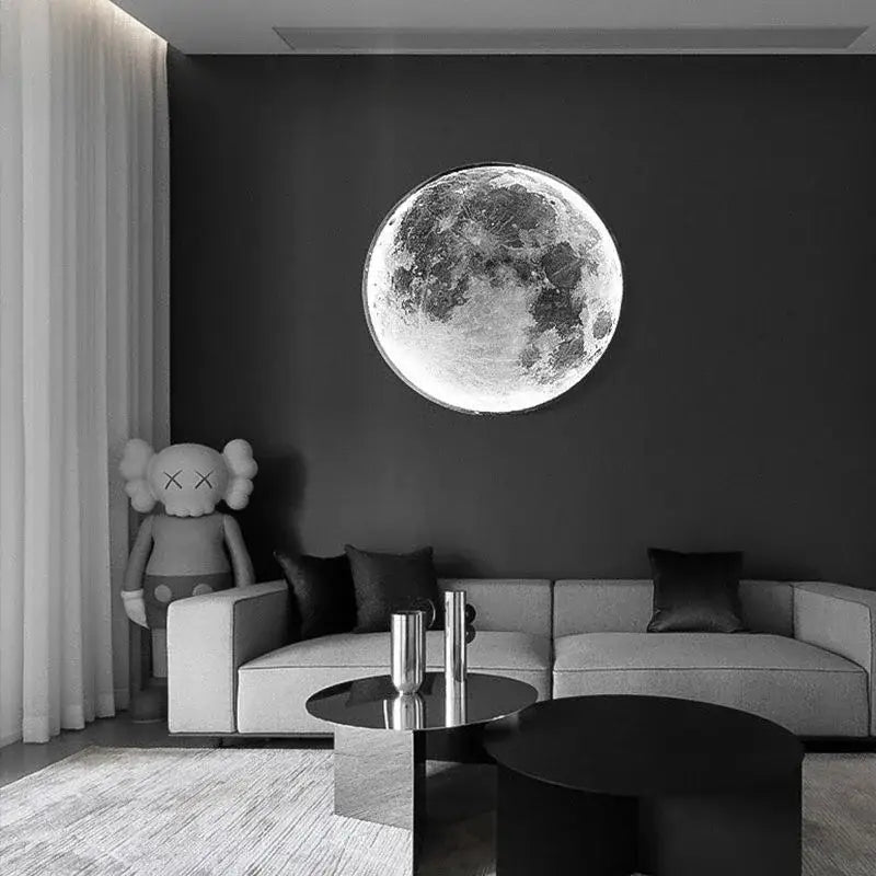 Decorbites led moon wall lamp featuring a circular black and white detailed moon design with metallic finish for bedroom decor