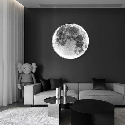 Decorbites led moon wall lamp featuring a detailed black and white circular moon design with a metallic finish