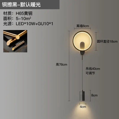 A modern circular wall light with brushed black copper finish, led ring, and cylindrical pendant by DecorBites LED Moon