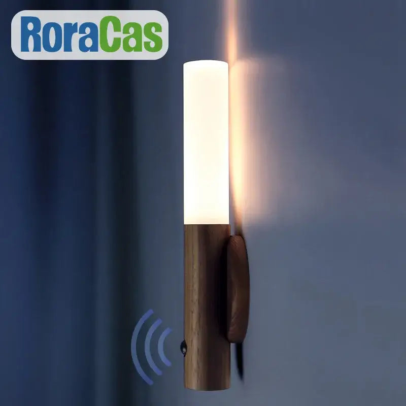 Roracas wall-mounted led sconce with cylindrical frosted glass diffuser and wooden base for decorbites led motion sensor night light