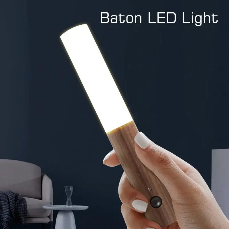 DecorBites led motion sensor night light baton with warm wooden handle and bright white illuminated bar for bedroom closet
