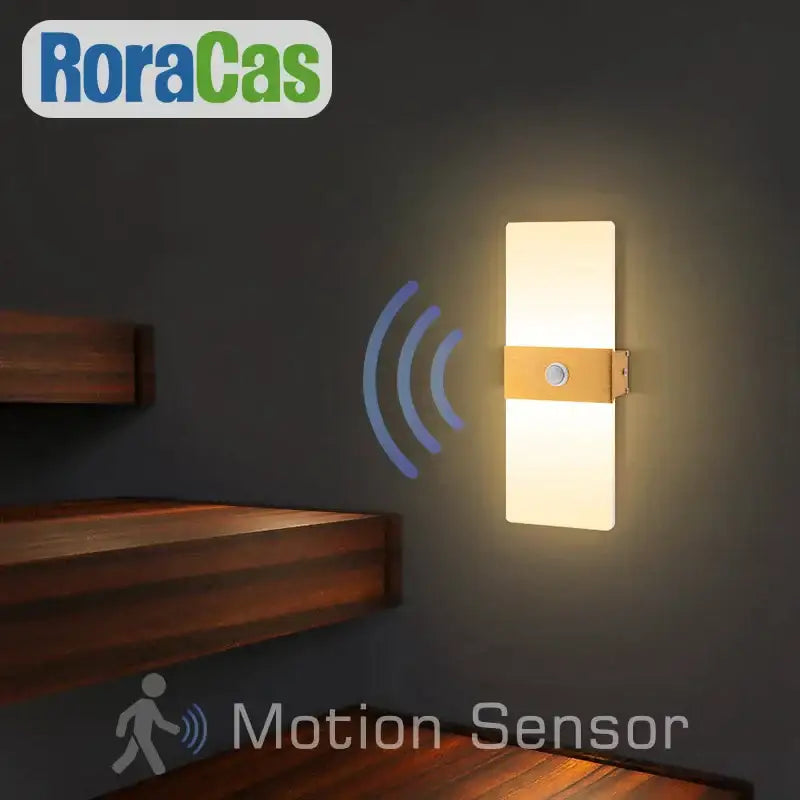 Gold-accented rectangular decorbites led motion sensor wall light with frosted glass panel for hallway and bedroom use