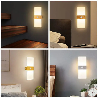 Modern rectangular decorbites led motion wall light with frosted glass and wooden accent bar featuring led motion sensor