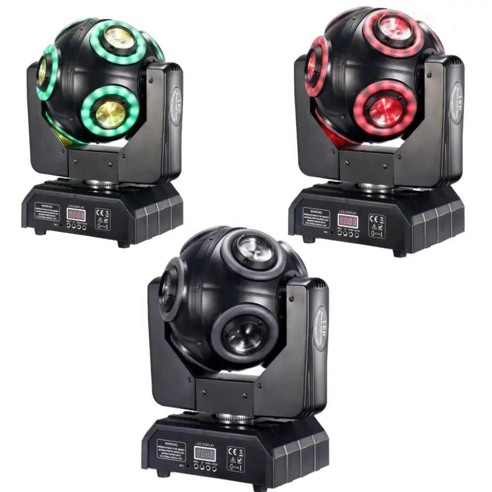Black decorbites led moving head spotlights with circular green and red lights and sleek metallic finish for dj stage use