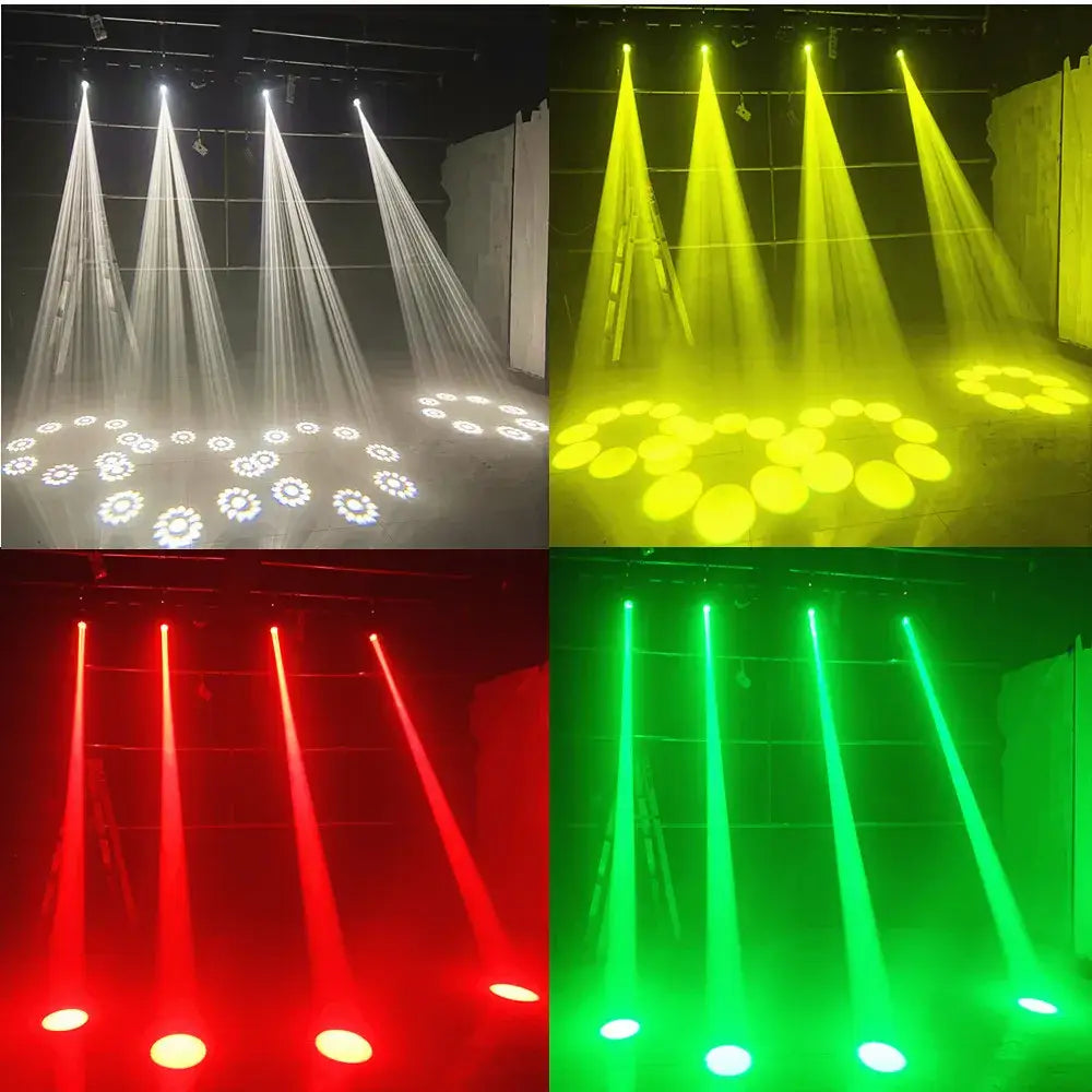 A set of decorbites led moving head lights emitting white yellow red and green beams for dj stage use