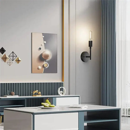 Black minimalist wall lamp with slender arm and exposed filament bulb in DecorBites led multihead mirror design