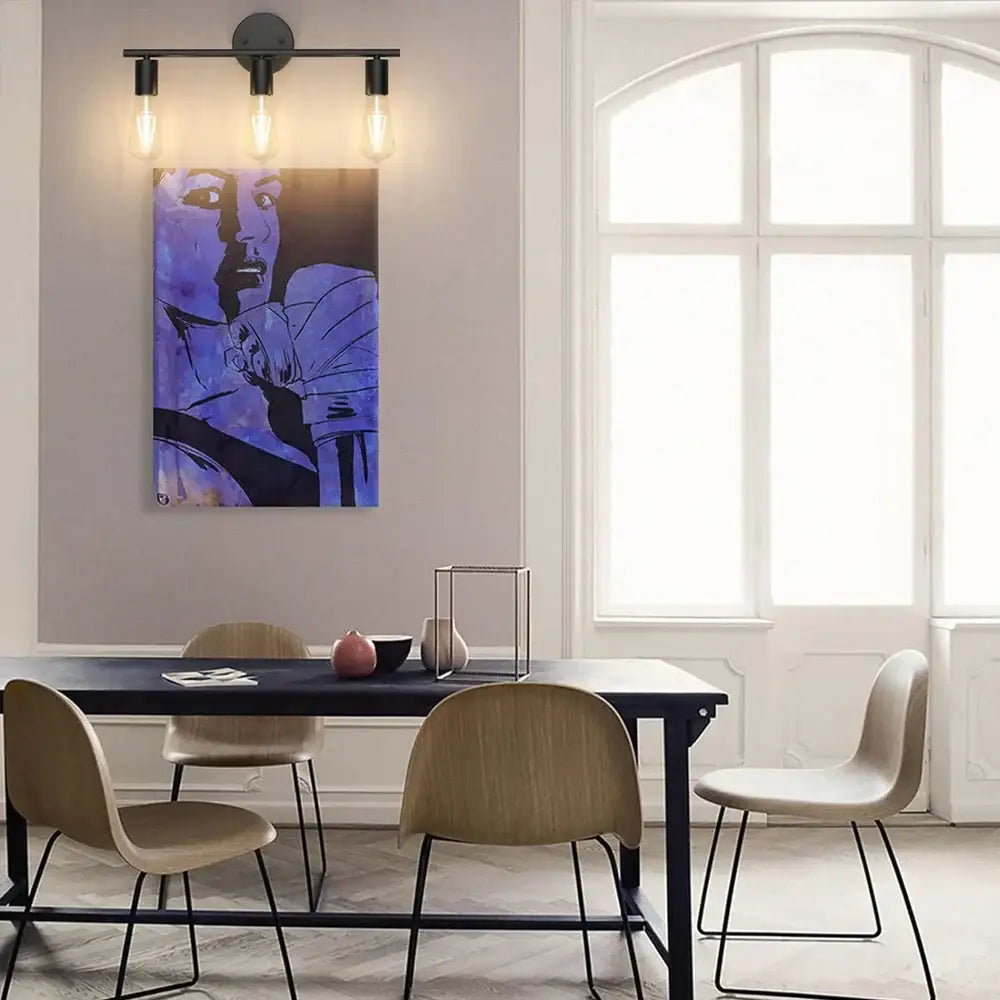 A decorbites led multihead wall lamp with vintage indoor lighting illuminating a purple and black portrait above a dining table