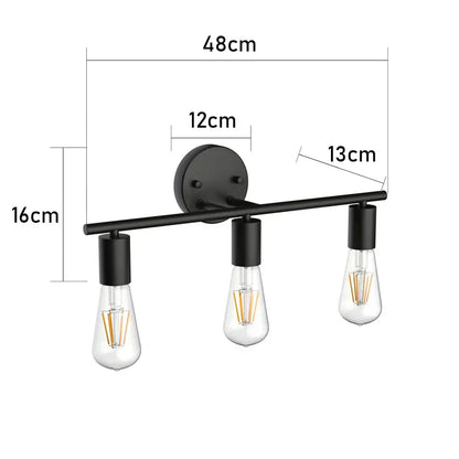 Black industrial wall lamp decorbites led multihead with three clear glass filament bulbs for vintage indoor lighting