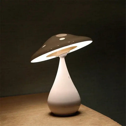 DecorBites LED mushroom table lamp with glossy dark gray polka dot cap and white tapered base for bedroom decor