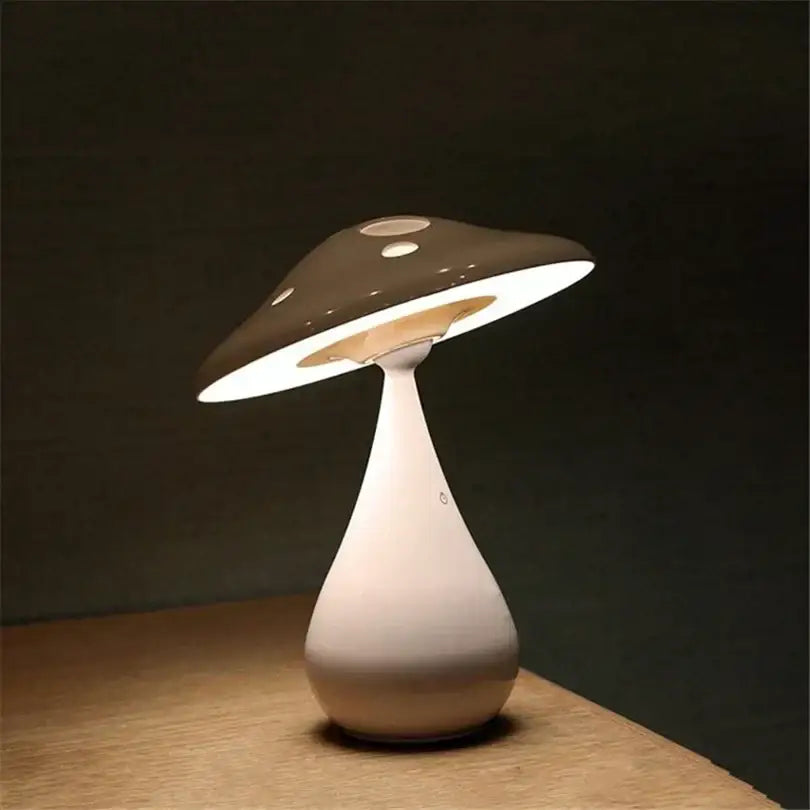 DecorBites LED mushroom table lamp with glossy dark gray polka dot cap and white tapered base for bedroom decor