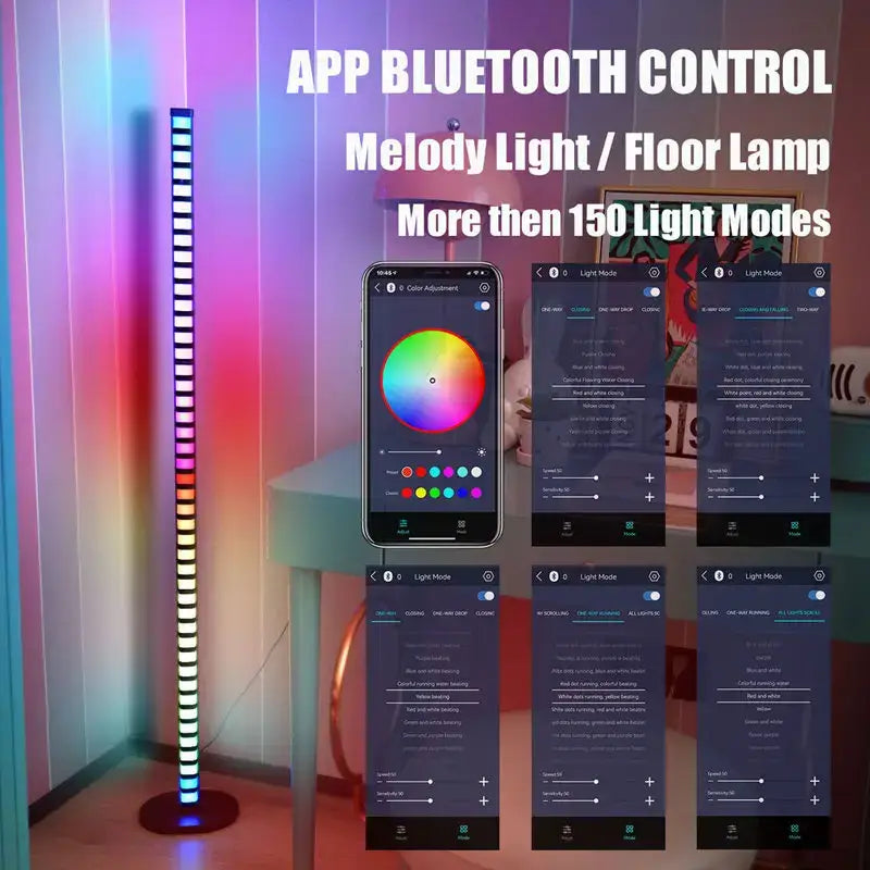 A tall slender floor lamp with a colorful led music melody strip and bluetooth app control by decorbites led music