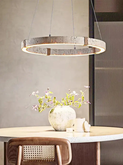 Decorbites led natural stone round linear chandelier with textured speckled concrete finish and warm led illumination