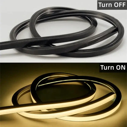 DecorBites™ led neon rope lights in black flexible strip glowing warm golden for outdoor home decor