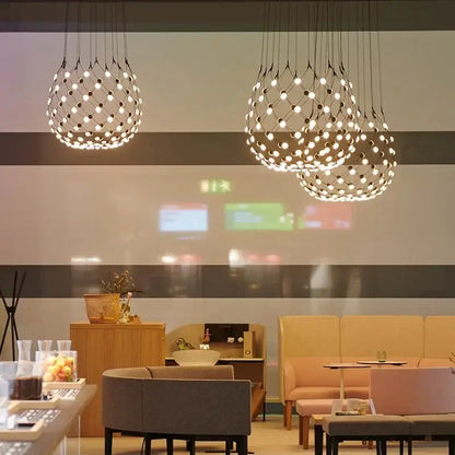 Modern spherical black mesh pendant light with embedded white bulbs decorbites led net pocket chandelier for living room