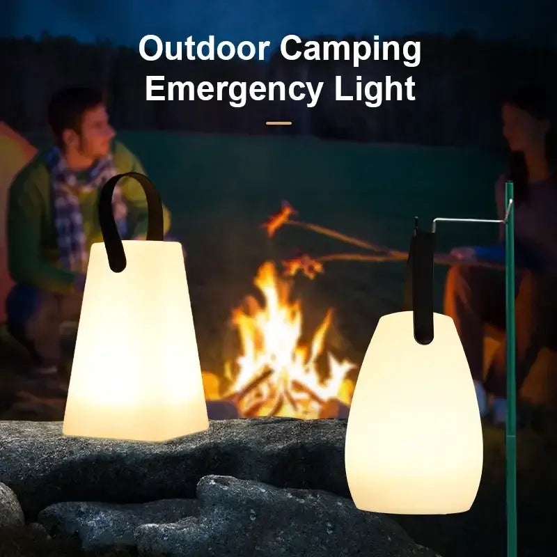 Two illuminated soft-glowing decorbites™ led night lights with black handles for portable camping and home use