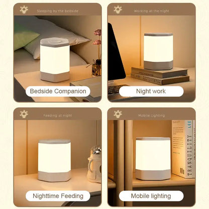 A sleek cylindrical DecorBites LED night light with soft white glow and gray accents for bedside table use