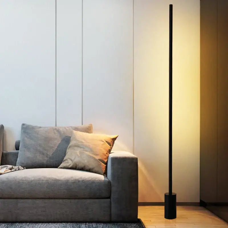 A sleek black minimalist decorbites led nordic floor lamp with a slender cylindrical body and circular base for modern lighting
