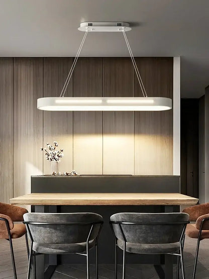 Modern white rectangular pendant light with sleek minimalist design hanging above dining table decorbites led office chandelier