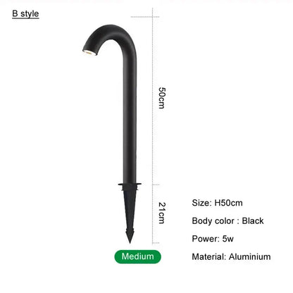 Black decorbites led outdoor aluminum bollard light with curved j-shaped design and pointed stake base for gardens