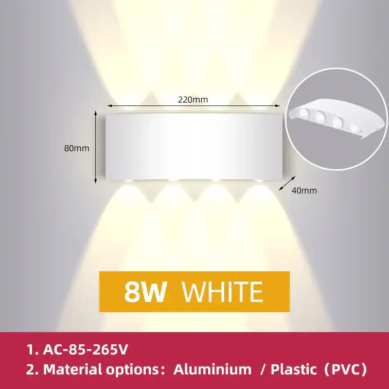 White rectangular wall light with three downward LED beams in aluminum or PVC for DecorBites LED outdoor garden use