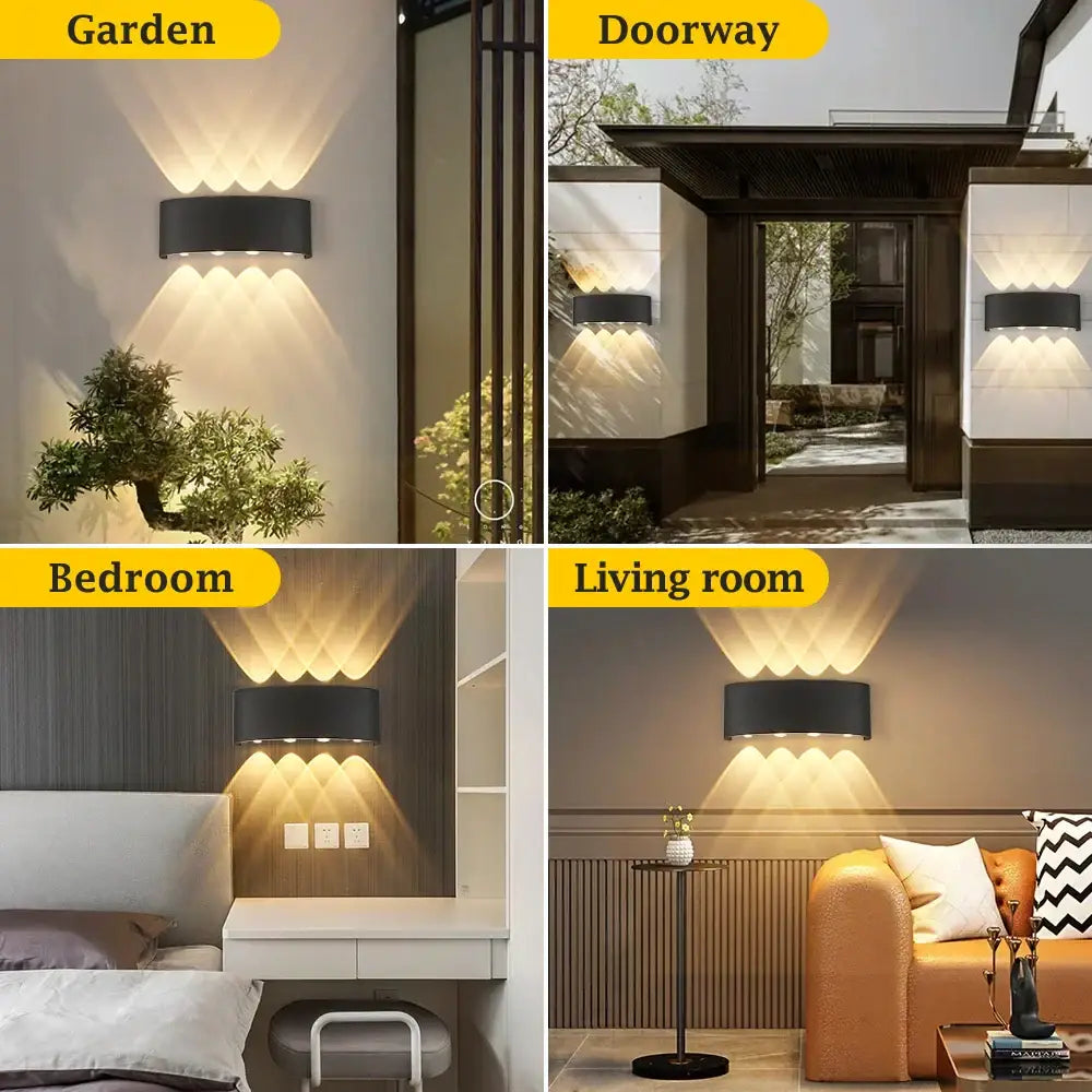 Black rectangular DecorBites™ LED outdoor wall light with three integrated LED lights casting warm directional glow