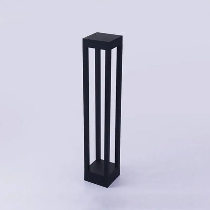 Black rectangular decorbites led outdoor display stand with vertical slats for showcasing outdoor lawn light products
