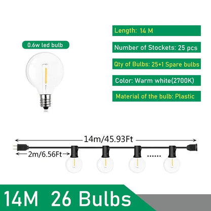 Decorbites™ 14-meter warm white outdoor string lights with 25 clear glass led bulbs plus one spare for weddings