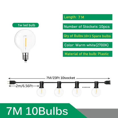 Decorbites™ led outdoor string lights with 7-meter black cord, warm white bulbs, clear globe shades, and spare bulb