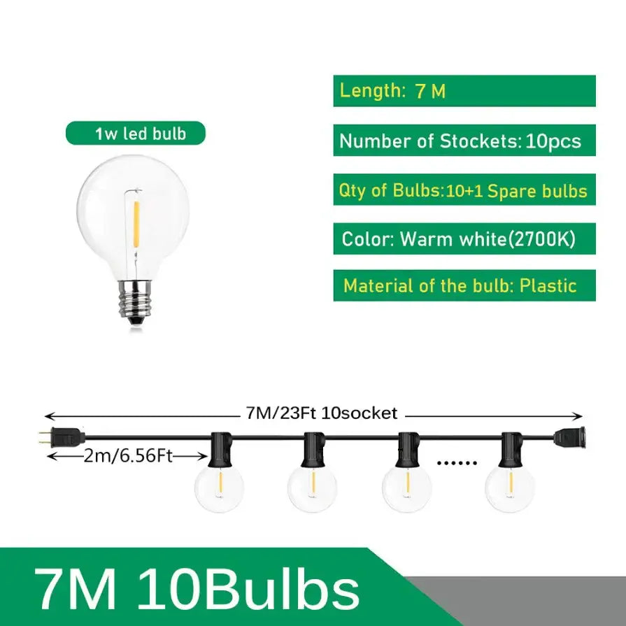 Decorbites™ led outdoor string lights with 7-meter black cord, warm white bulbs, clear globe shades, and spare bulb