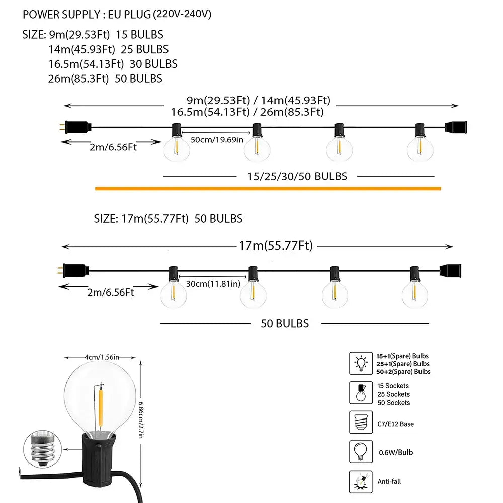 Decorbites™ led outdoor string lights with black wire clear glass c7 e12 bulbs ideal for wedding party decor