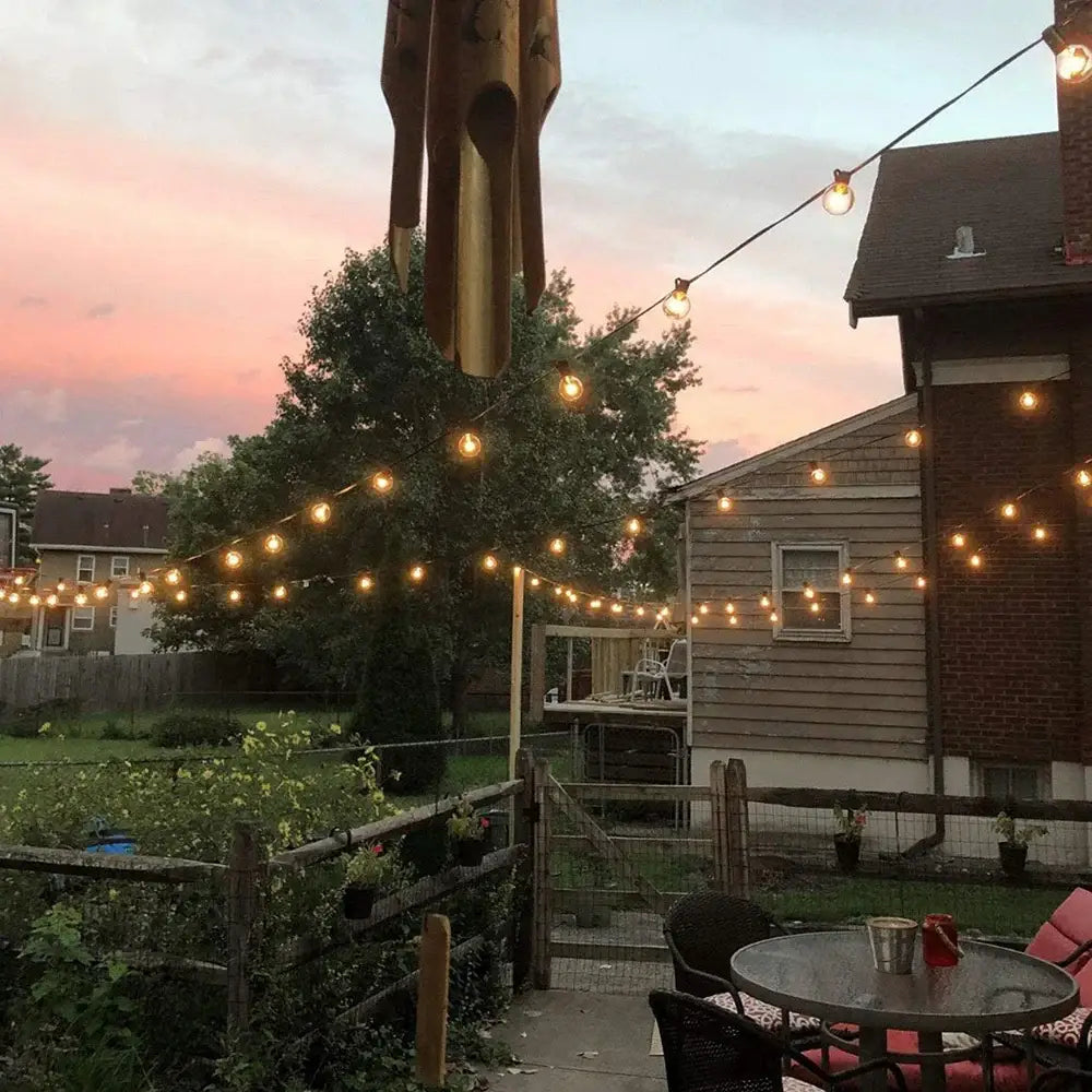 Decorbites™ led outdoor string lights with warm-toned globe bulbs strung across a backyard patio at dusk