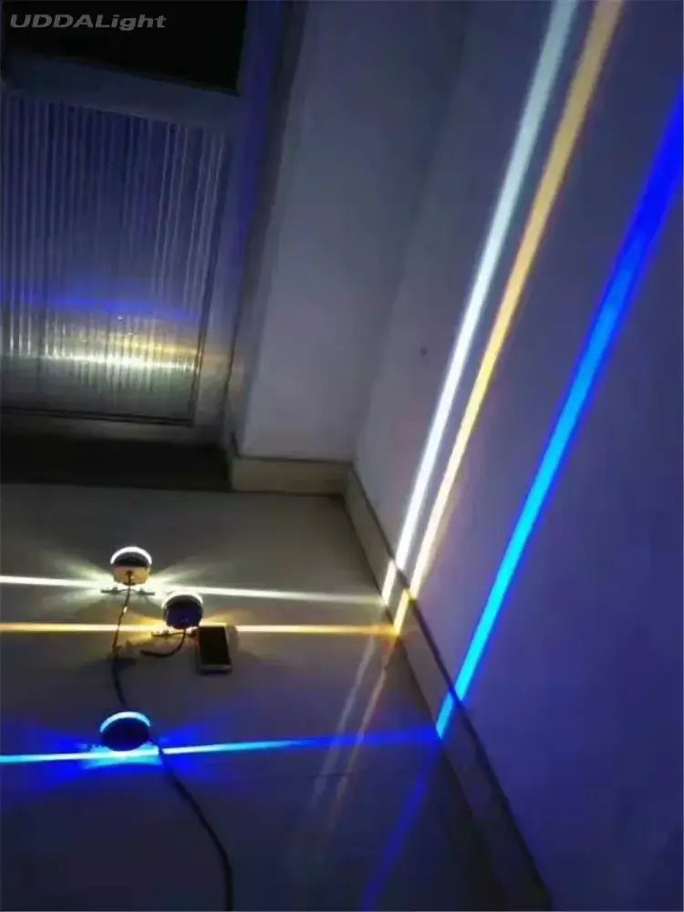 DecorBites™ LED outdoor wall lamp with blue yellow and white strip lights mounted on a wall corner for porch lighting