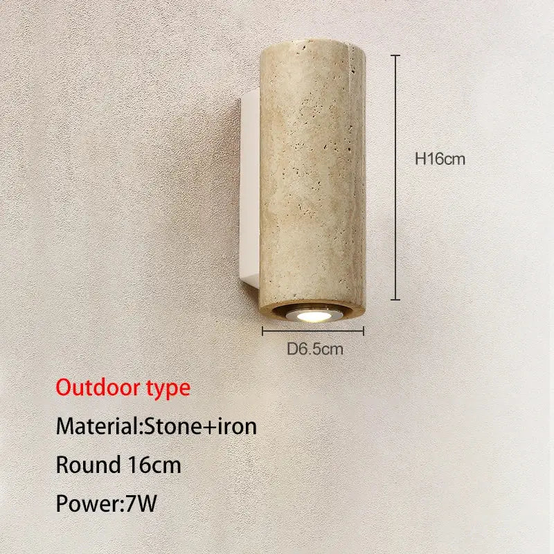 Decorbites led outdoor wall lamp cylindrical stone and iron with beige textured finish and circular base light fixture