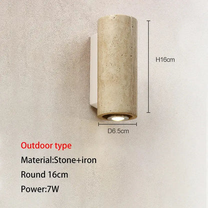 Decorbites led outdoor wall lamp cylindrical stone and iron with beige textured finish and circular base light fixture