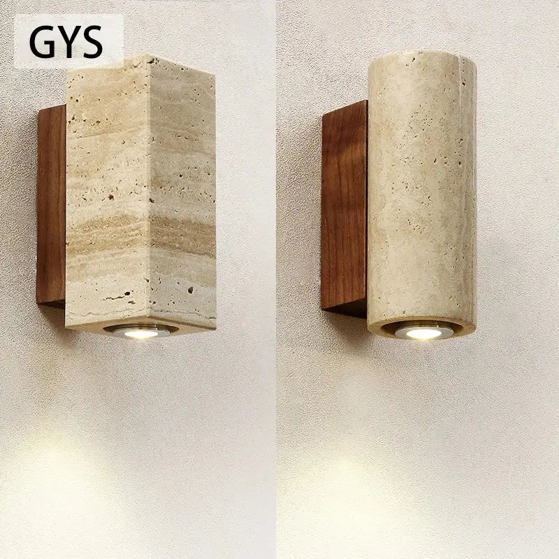 Modern grey stone wall lamp with dark wood accent and warm light from recessed base decorbites led outdoor wall lamp