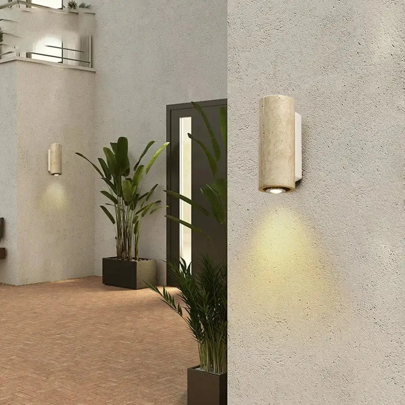 Beige concrete-textured decorbites led outdoor wall lamp with sleek white bracket for garden courtyard lighting