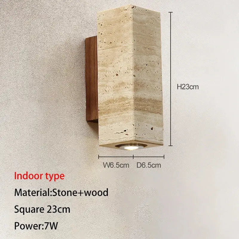 Beige stone and wood decorbites led outdoor wall lamp with square textured body for garden courtyard lighting