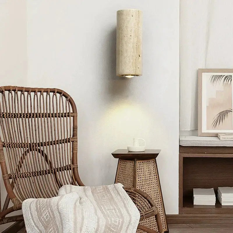 Beige stone cylindrical wall lamp with warm diffused light decorbites led outdoor wall lamp for garden use