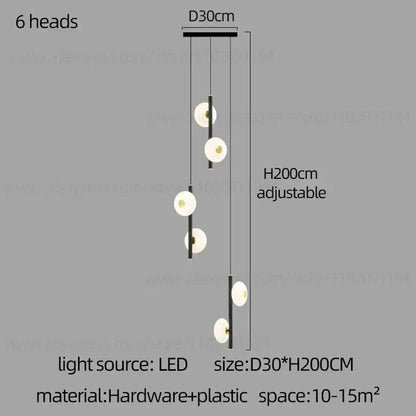 Modern minimalist decorbites led oval chandelier with six white glass shades and black metal rods adjustable to 200cm height