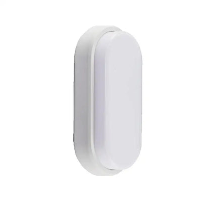 White oval wall lamp with sleek modern design and smooth plastic casing for outdoor and bathroom use