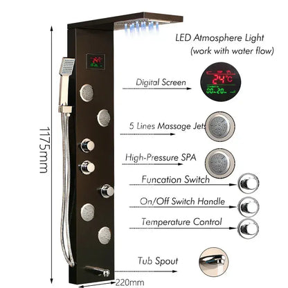 Black chrome decorbites led panel bath faucet with digital temperature display and massage spa jets spray settings